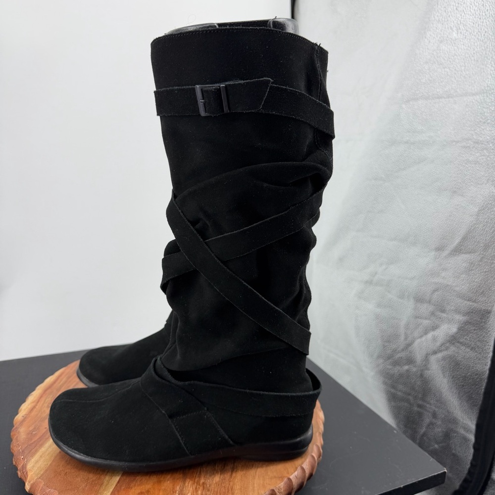 Red luggage tall strappy black suede boots sz 10 40 cosplay
